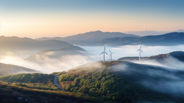 Wind turbines in the fog at sunset