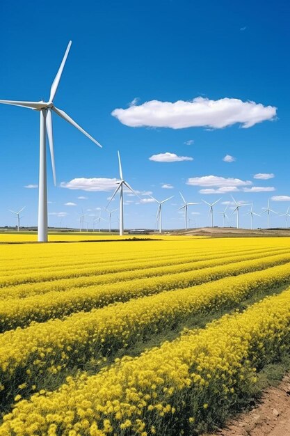 Wind turbines to generate clean energy among flowering rapeseed fields in the province of tarragona