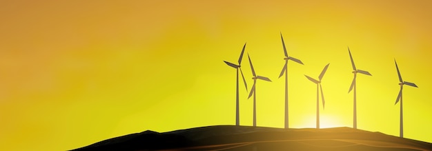 Wind turbines generate electricity At sunset - 3d render