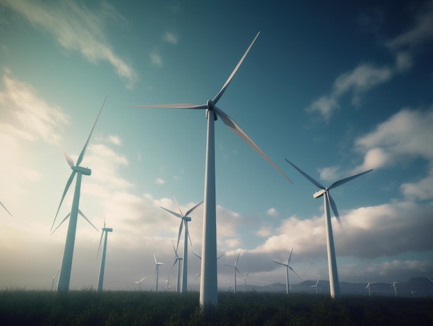 Wind turbines generating electricity with blue sky energy conservation concept Generative AI