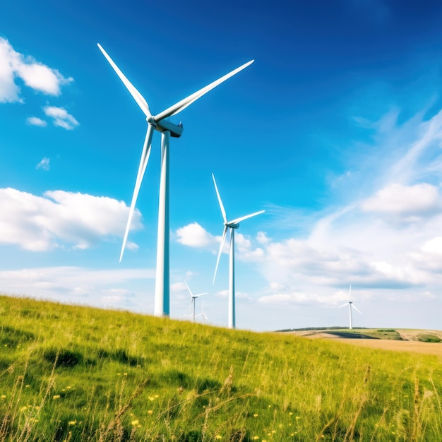 Wind turbines generator stand in green meadows against sky