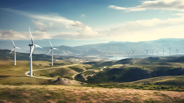 Wind turbines gracefully turning against a scenic backdrop