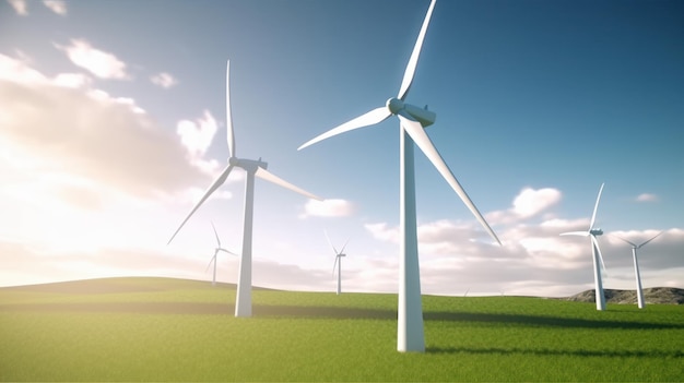 재생 가능한 녹색 에너지 지속 가능성의 푸른 하늘 생산에 대한 녹색 필드의 풍력 터빈