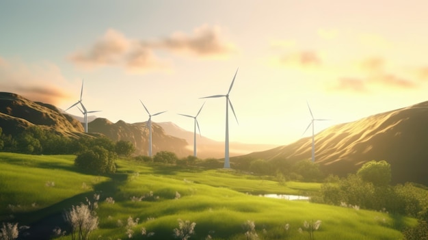 Wind turbines on the green hills against the colorful sunset sky production of renewable green energ