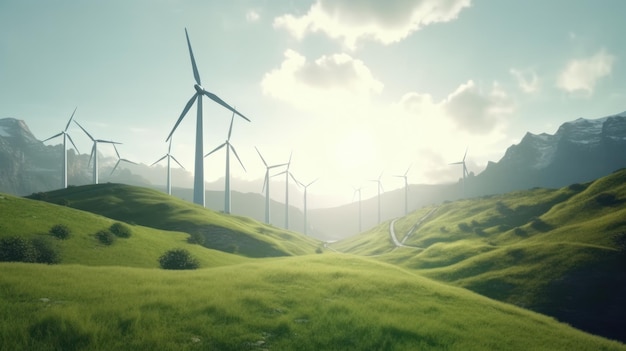 Wind turbines on the green hills against the colorful sunset sky production of renewable green energ