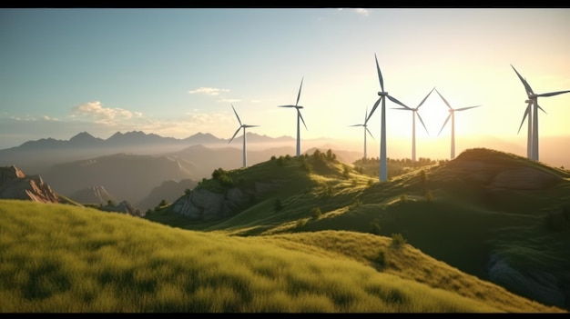 Wind turbines on the green hills against the colorful sunset sky Production of renewable green energy Sustainable development concept Mock up 3D rendering