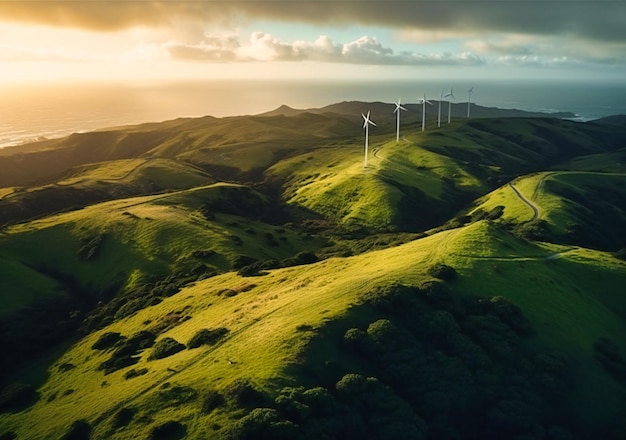 Wind turbines on green hills near the ocean