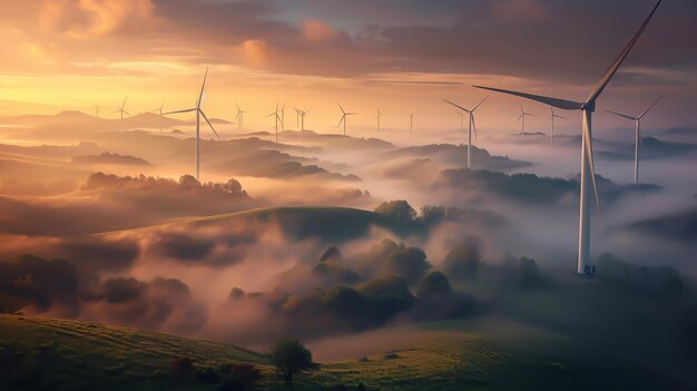 Wind turbines on a hill in autumn