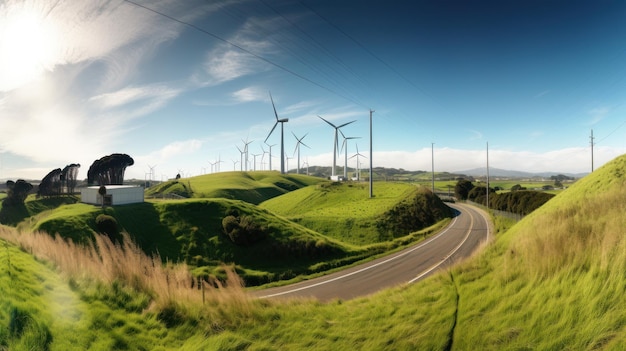 언덕 위의 풍력 터빈 녹색 대체 에너지 Generative AI