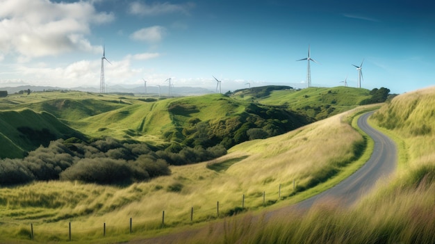 언덕 위의 풍력 터빈 녹색 대체 에너지 Generative AI