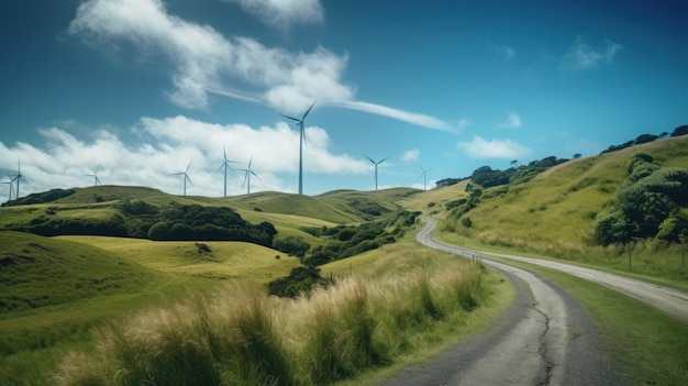 Ветрогенераторы на холме зеленая альтернативная энергия Генеративный ИИ