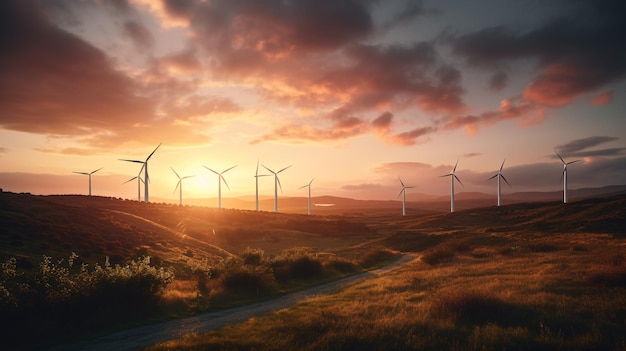 Wind turbines on a hill at sunset with the sun setting behind them