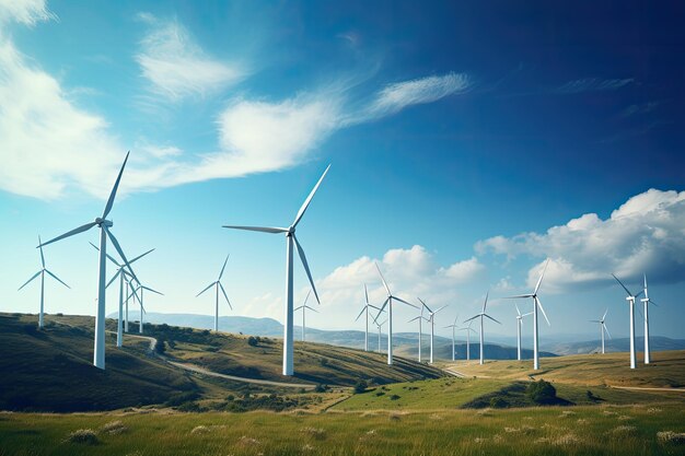 Wind turbines in the hills and sky with clouds