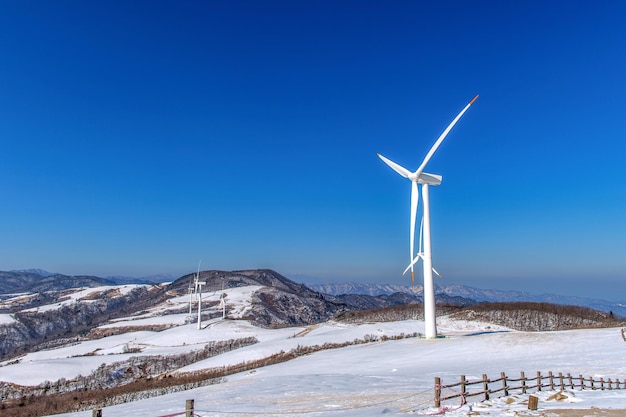 Wind turbines on landscape against clear blue sky