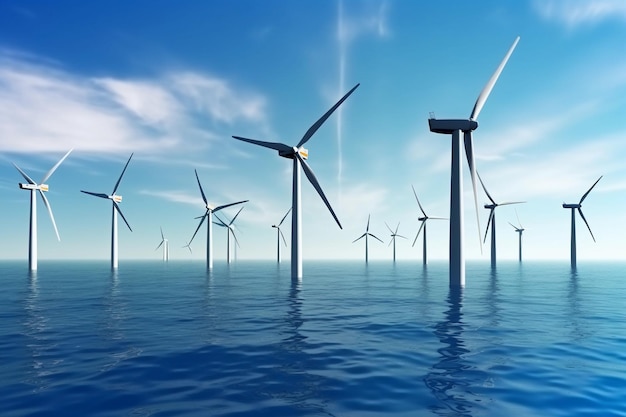 Wind turbines in the ocean to create energy Renewable energy concept