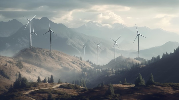 Фото Ветряные турбины на склоне холма в тумане