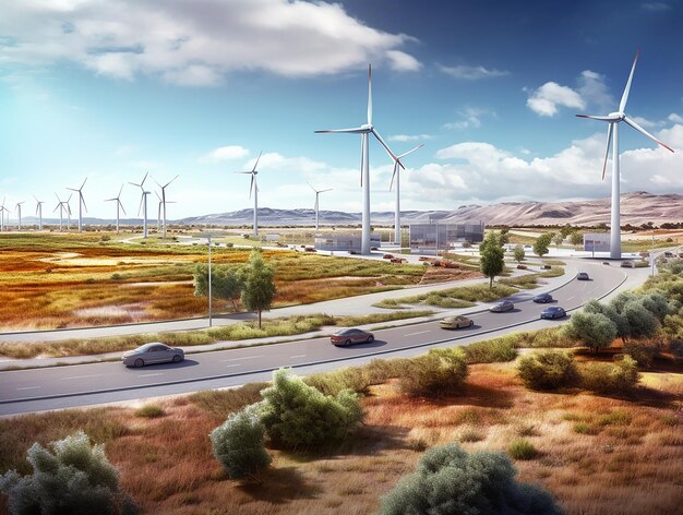 Wind turbines on the plain along the highway