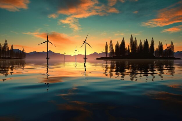 Wind turbines reflecting on calm lake surface created with generative ai