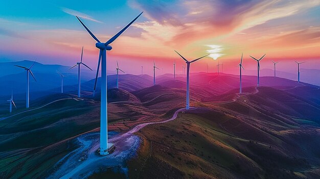 Photo wind turbines on rolling hills at sunset