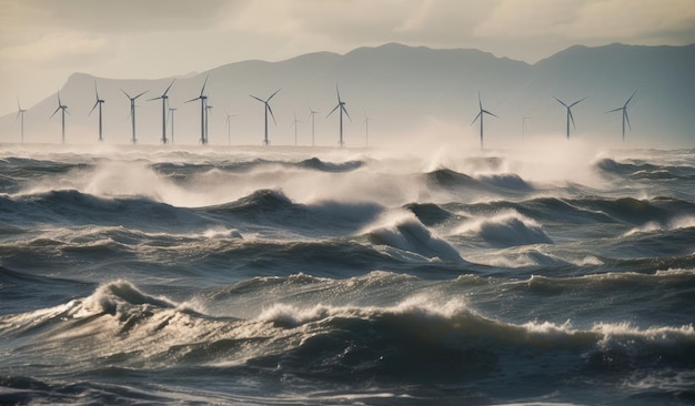 Wind turbines in the rough sea