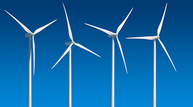 Wind turbines in a row isolated on blue background