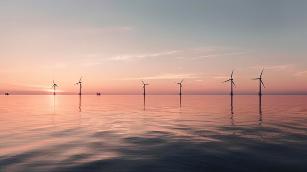 Wind turbines in the sea at sunset