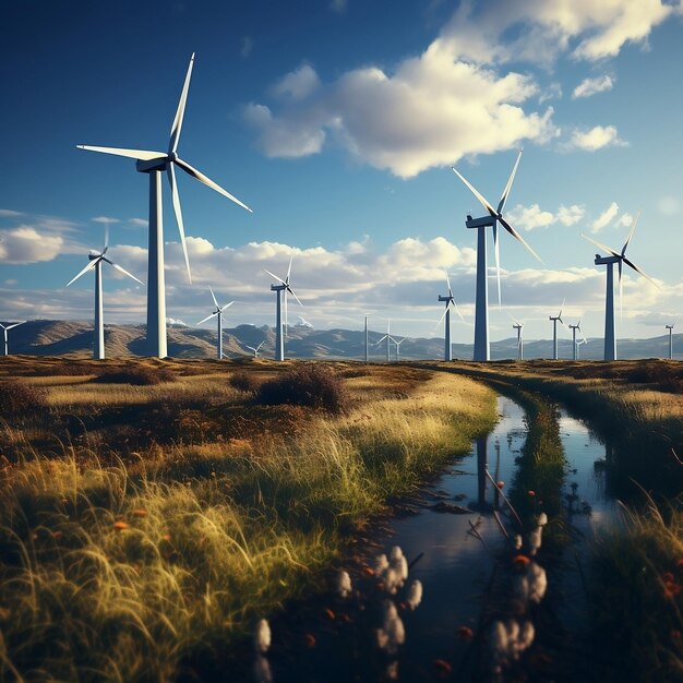 Photo wind turbines and solar panels in action