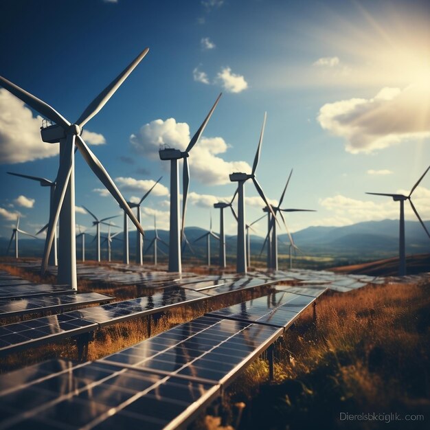 Photo wind turbines and solar panels in action