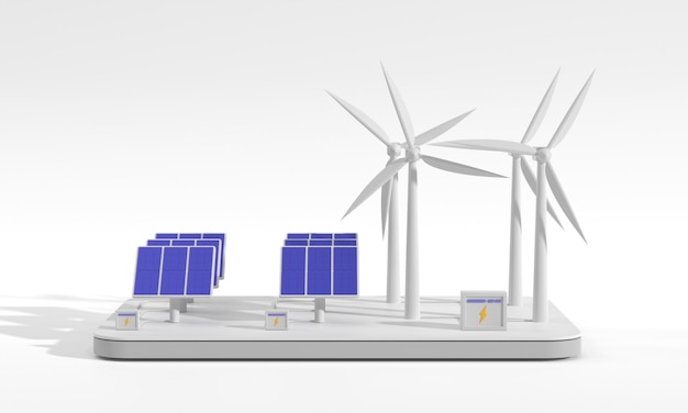 Wind turbines solar panels and battery bank isolated on white\
background isometric 3d render front view alternative renewable\
power generation electricity production green energy concept