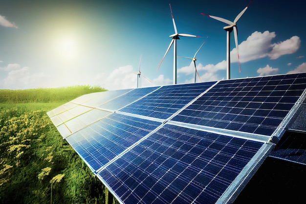 청정 에너지 생산의 녹색 필드 개념에 대한 풍력 터빈 및 태양 전지판 Generative AI