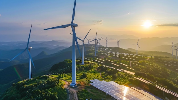 a wind turbines and solar panels on a hill