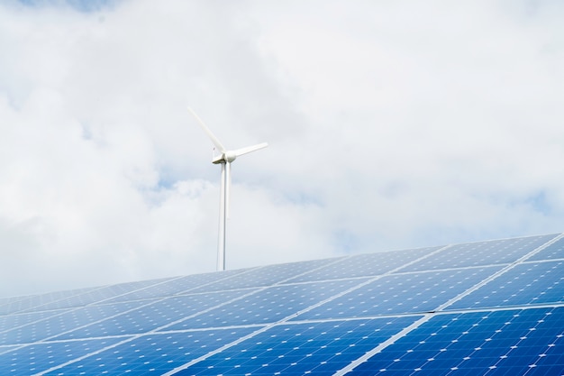 Wind turbines and solar panels, renewable energy.