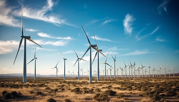 Wind turbines spin in a row powering sustainable resources and growth generated by AI