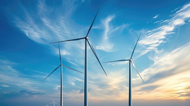 Ветровые турбины, вращающиеся на синем небе, используют чистую энергию ветра для сокращения выбросов парниковых газов и борьбы с глобальным потеплением