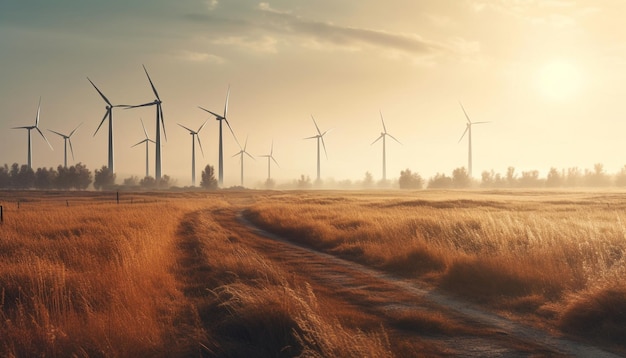 Wind turbines spinning powering nature sustainable growth generated by AI