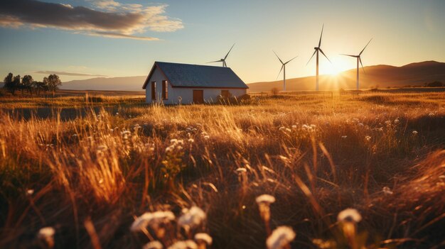 Wind turbines standing tall against a sunset backdrop symbolizing the powerful force of renewable energy Generative AI