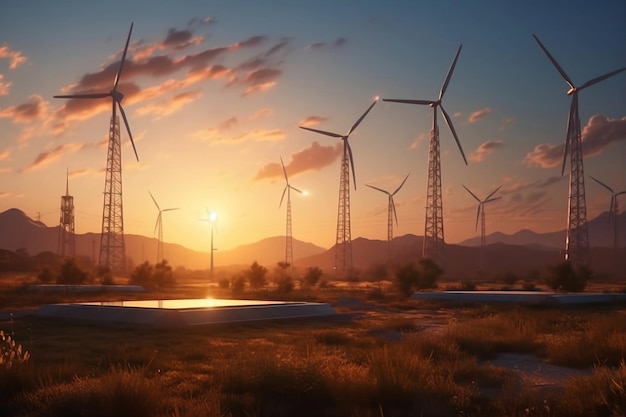 wind turbines at sunset Generative AI