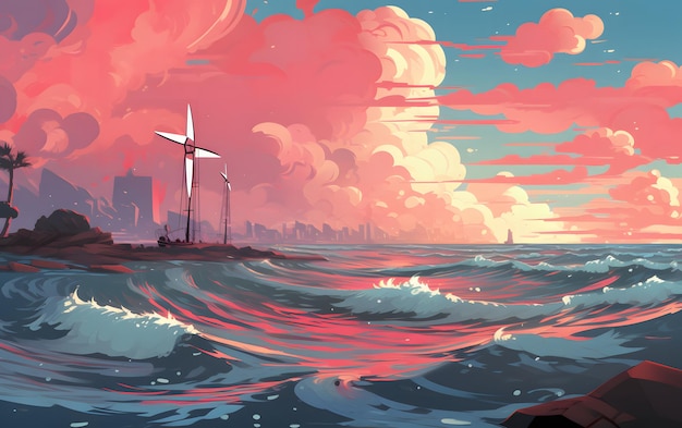 wind turbines at sunset illustration background