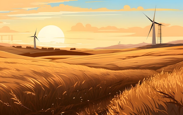 wind turbines at sunset illustration background