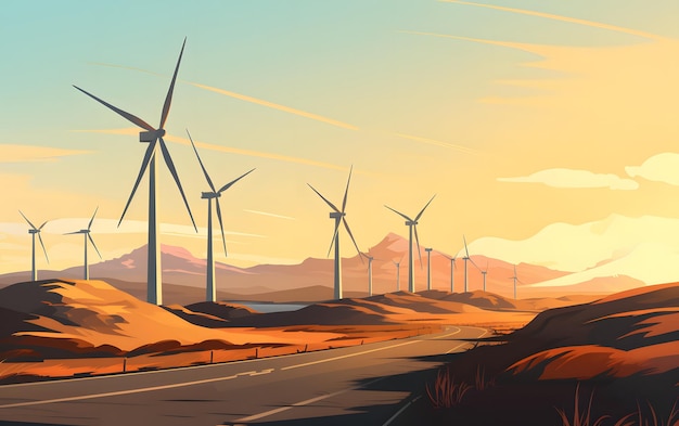 wind turbines at sunset illustration background