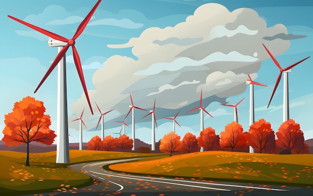 Ветряные турбины на фоне заката иллюстрации