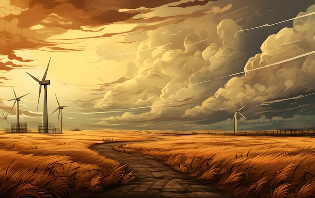 wind turbines at sunset illustration background