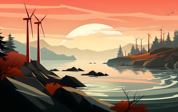 wind turbines at sunset illustration background