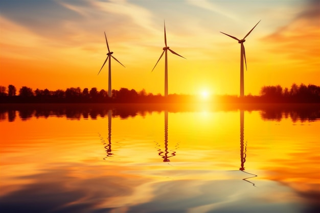 Wind turbines at sunset next to a lake