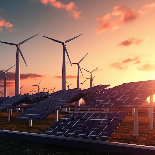 Wind turbines and a sunset with the sun setting behind them