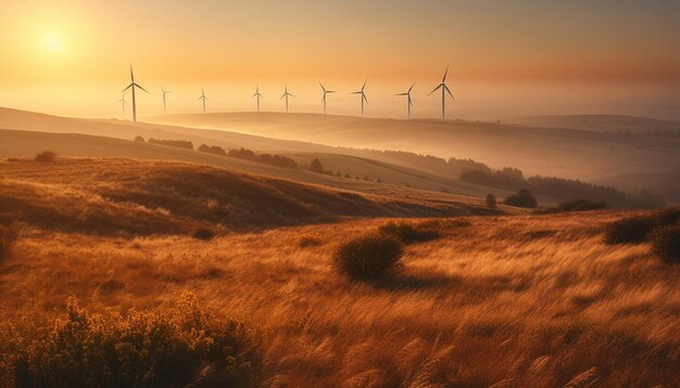 Wind turbines turning in the sunset powering sustainable energy development generated by artificial intelligence