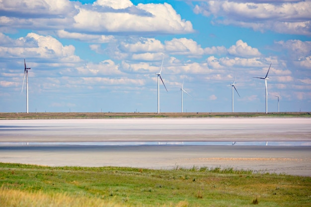 Wind turbines on the water in a field