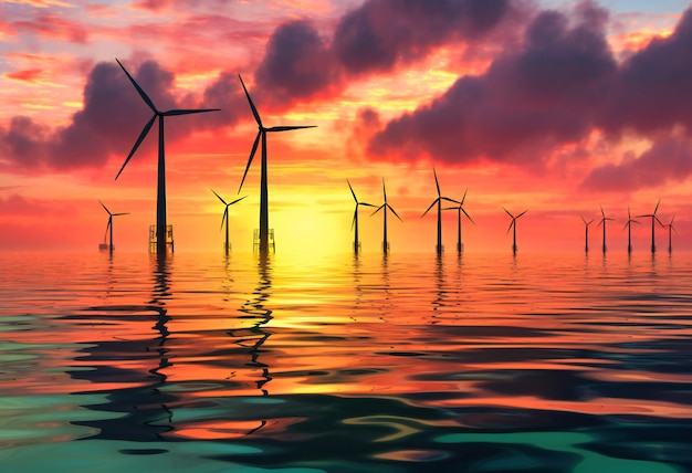 Wind turbines in the water at sunset