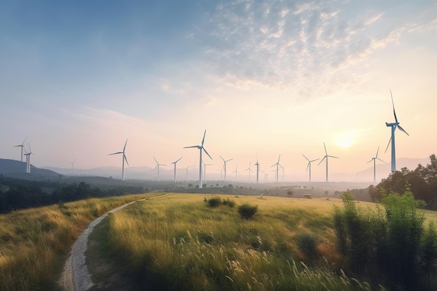 Wind turbines in a wind farm at sunset Renewable energy concept Generative AI