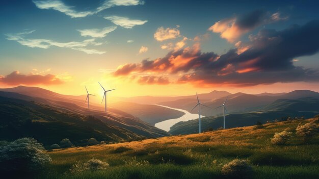 Photo windfarm and wind energy station eco power wind turbines at sunset